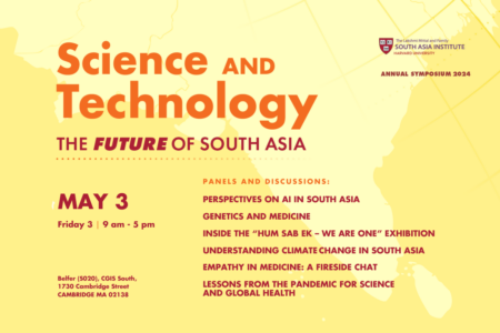Science and Technology event header in orange text on yellow background reading in red font Future of South Asia with event details in red text, May 3rd