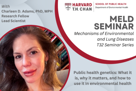 Headshot of Dr. Charleen Adams next to her seminar title, which is called "Public health genetics: What it is, why it matters, and how to use it in environmental health"