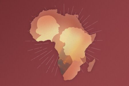 A warm illustration of two women's silhouettes over the continent of Africa