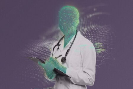 Image of a doctor in a lab coat with computer generated hands and face