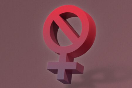 The female gender sign with a cross through it in red