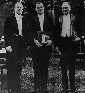 HSPH's Thomas Weller, left, with Frederick Robbins, center, and John Enders received the 1954 Nobel Prize in Physiology or Medicine for discovering new methods to cultivate the poliovirus.