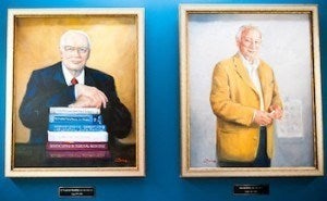 Paintings of former biostatistics chairs Frederick Mosteller (left) and Marvin Zelen