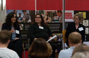 Left to right: Marcia Castro, Gabriela Soto Laveaga, and Ingrid Katz discuss epidemics around the globe.