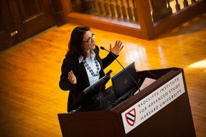 Francesca Dominici leads the discussion at the Women at Harvard event.