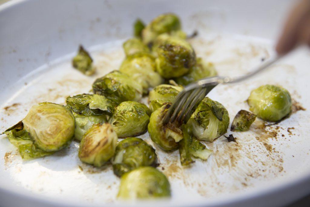 Roasted Brussels sprouts with a fork