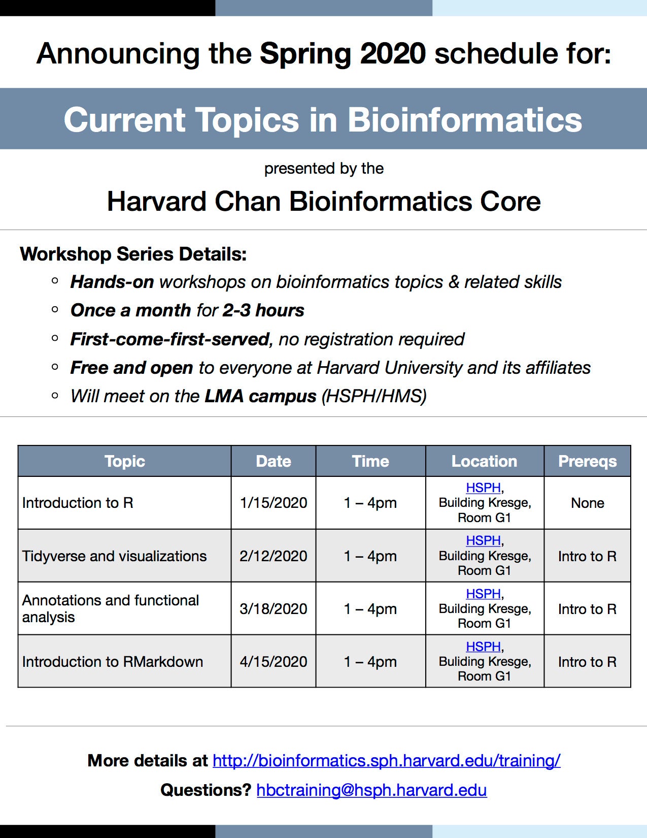 Harvard Chan Bioinformatics Core Training Schedule